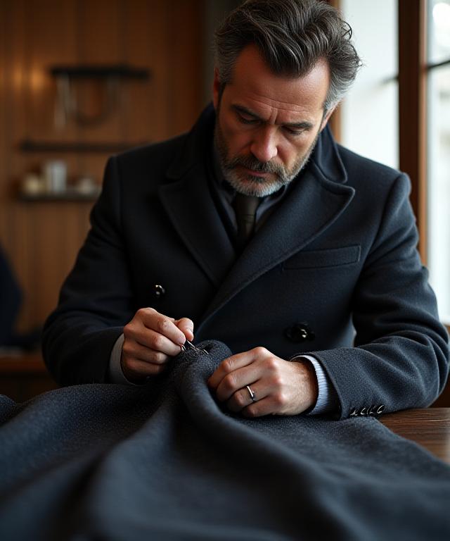 Sarto italiano al lavoro su un cappotto di cashmere